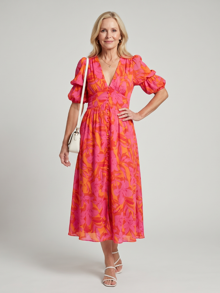 Zarelle | Puff Sleeve V Neck Bold Floral Print Midi Dress
