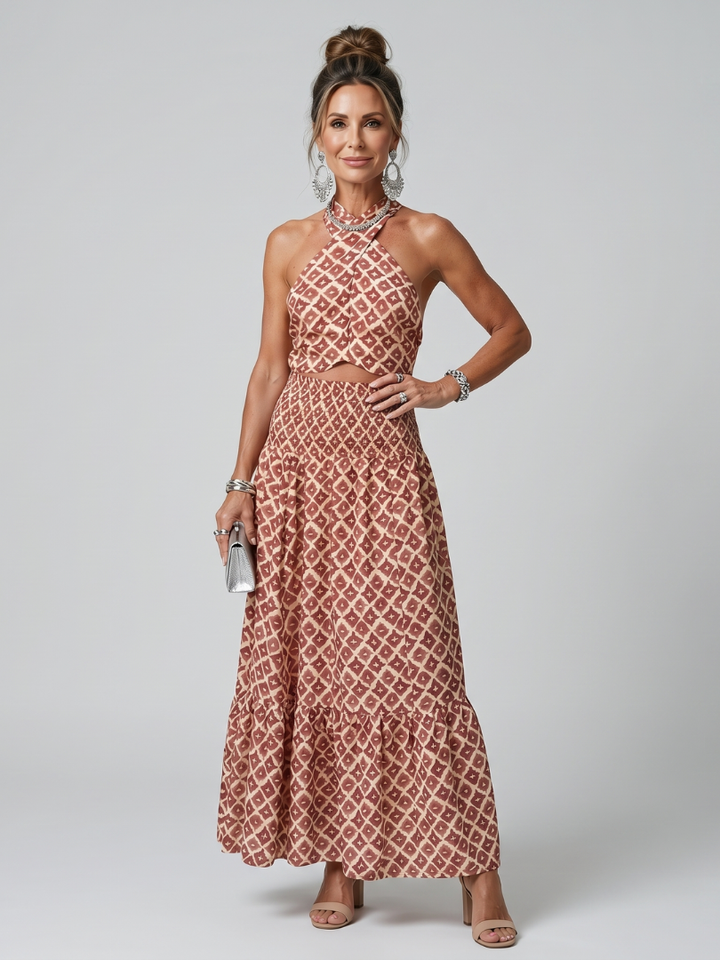 Olivia | Cross Halter Geometric Print Cutout Midi Dress