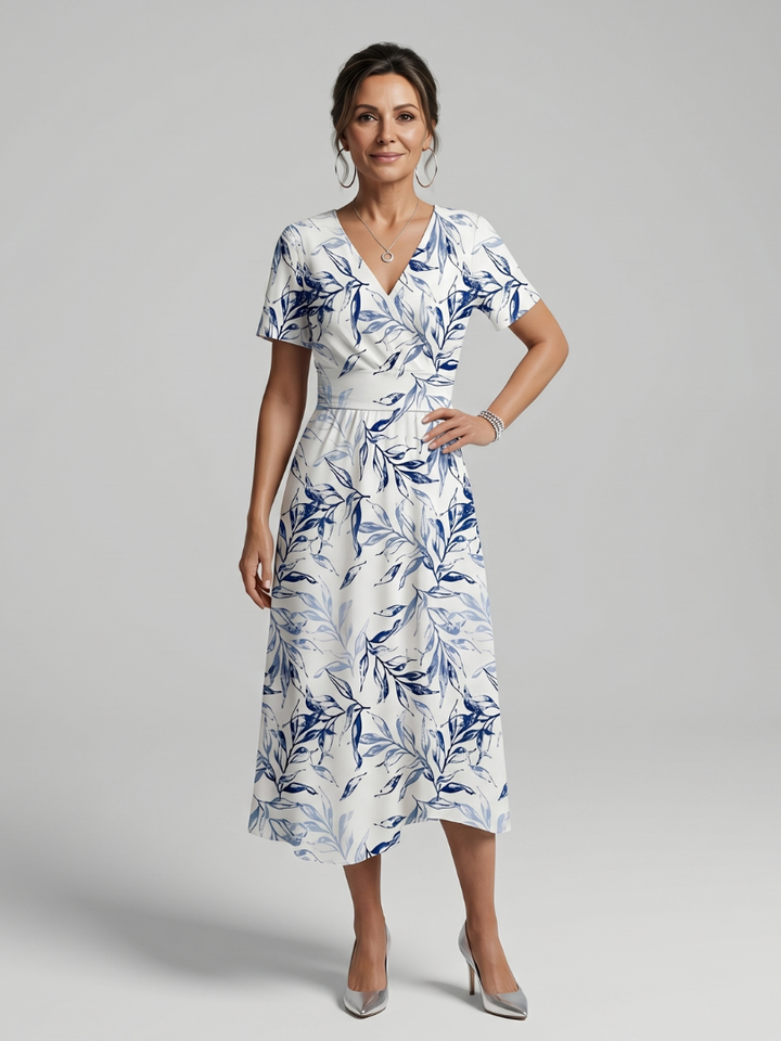 Kael | V Neck Soft Botanical Print Midi Dress