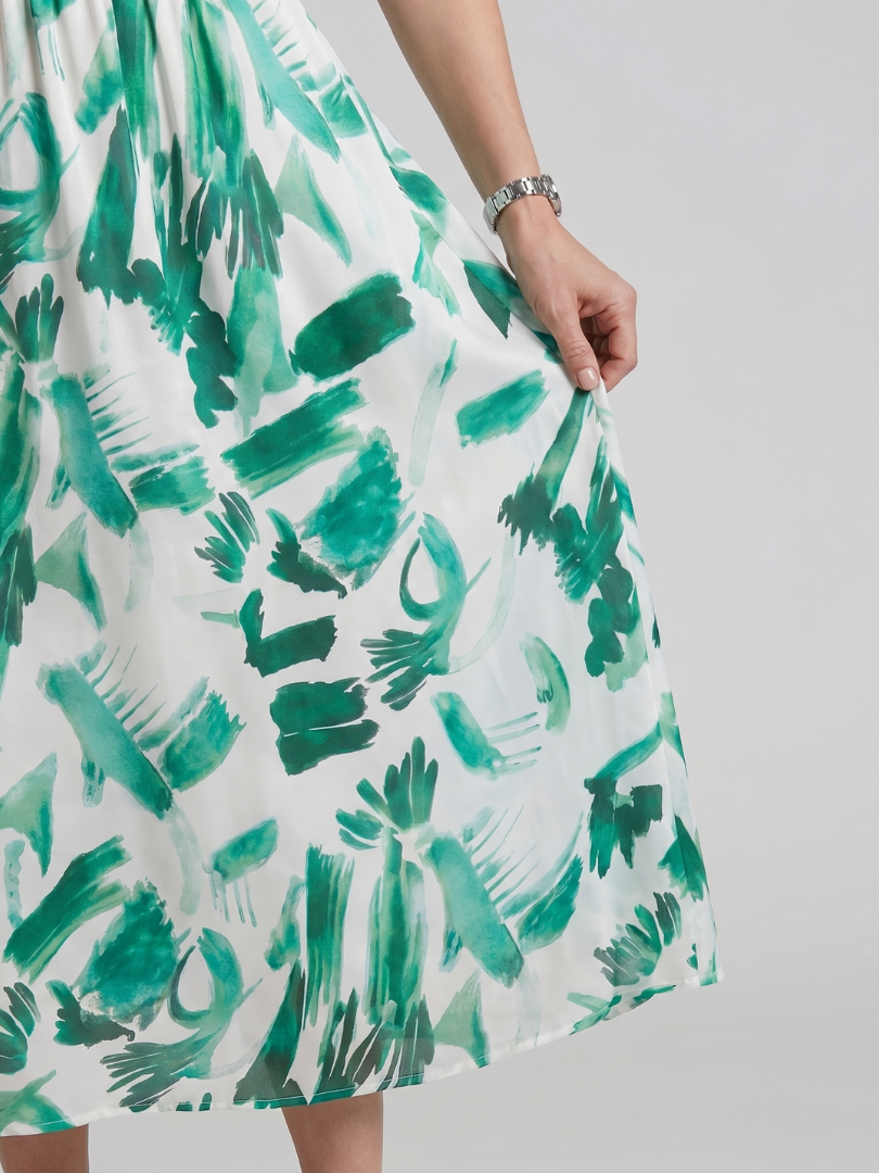 Candlia | Puff Sleeve V Neck Abstract Print Midi Dress