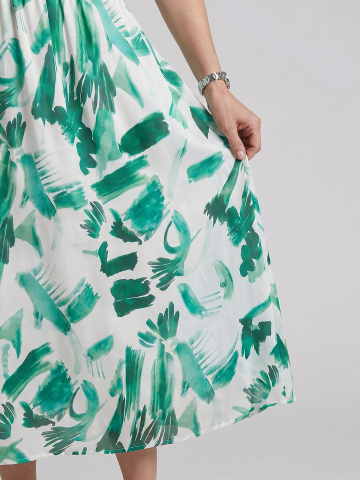 Candlia | Puff Sleeve V Neck Abstract Print Midi Dress